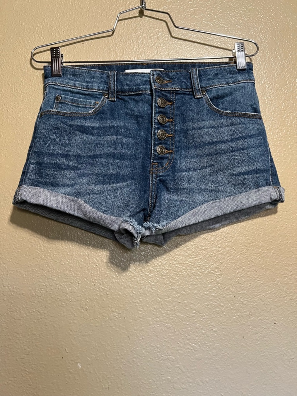 eunina Blue High-Rise Button-Fly Jean Shorts